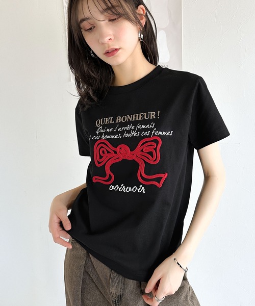 mily bilet(ミウィビレット)の「【mily bilet】華やか大人ガーリー。リボンコード刺繍プレートデザインTシャツ(Tシャツ/カットソー・レディース・ブラック/オートミール/ホワイト/ブラウン・X-LARGE/SMALL/MEDIUM/LARGE)」の13枚目の写真