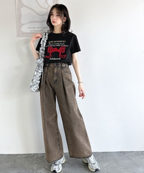mily bilet(ミウィビレット)の「【mily bilet】華やか大人ガーリー。リボンコード刺繍プレートデザインTシャツ(Tシャツ/カットソー・レディース・ブラック/オートミール/ホワイト/ブラウン・X-LARGE/SMALL/MEDIUM/LARGE)」の14枚目の写真