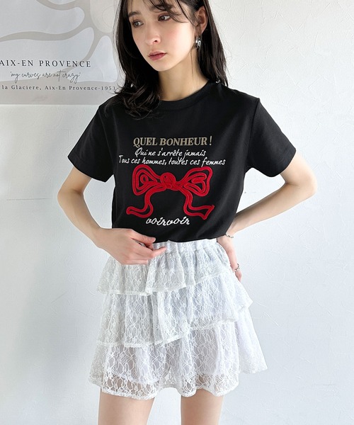 mily bilet(ミウィビレット)の「【mily bilet】華やか大人ガーリー。リボンコード刺繍プレートデザインTシャツ(Tシャツ/カットソー・レディース・ブラック/オートミール/ホワイト/ブラウン・X-LARGE/SMALL/MEDIUM/LARGE)」の17枚目の写真