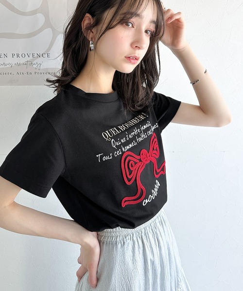 mily bilet(ミウィビレット)の「【mily bilet】華やか大人ガーリー。リボンコード刺繍プレートデザインTシャツ(Tシャツ/カットソー・レディース・ブラック/オートミール/ホワイト/ブラウン・X-LARGE/SMALL/MEDIUM/LARGE)」の20枚目の写真
