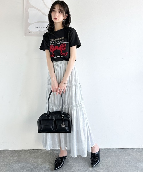 mily bilet(ミウィビレット)の「【mily bilet】華やか大人ガーリー。リボンコード刺繍プレートデザインTシャツ(Tシャツ/カットソー・レディース・ブラック/オートミール/ホワイト/ブラウン・X-LARGE/SMALL/MEDIUM/LARGE)」の22枚目の写真