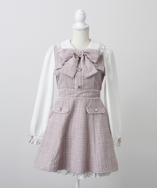 DearMyLove（ディアマイラブ）の「ハートパールお嬢様ツイードワンピース（ワンピース・レディース・ホワイト/ベビーピンク/ブルーグレー/ブラック・SMALL/MEDIUM/LARGE/LL/3L）」の4枚目の写真