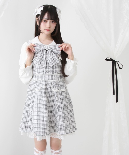 DearMyLove（ディアマイラブ）の「ハートパールお嬢様ツイードワンピース（ワンピース・レディース・ホワイト/ベビーピンク/ブルーグレー/ブラック・SMALL/MEDIUM/LARGE/LL/3L）」の3枚目の写真