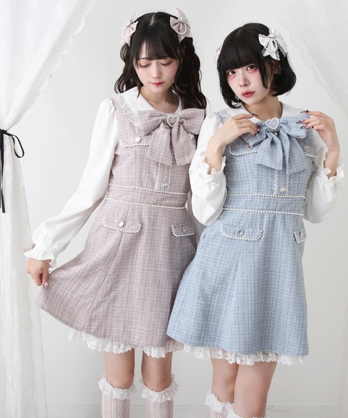 DearMyLove（ディアマイラブ）の「ハートパールお嬢様ツイードワンピース（ワンピース・レディース・ホワイト/ベビーピンク/ブルーグレー/ブラック・SMALL/MEDIUM/LARGE/LL/3L）」の2枚目の写真
