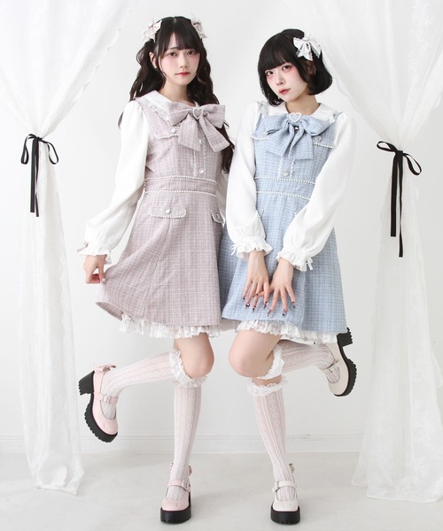DearMyLove（ディアマイラブ）の「ハートパールお嬢様ツイードワンピース（ワンピース・レディース・ホワイト/ベビーピンク/ブルーグレー/ブラック・SMALL/MEDIUM/LARGE/LL/3L）」の9枚目の写真