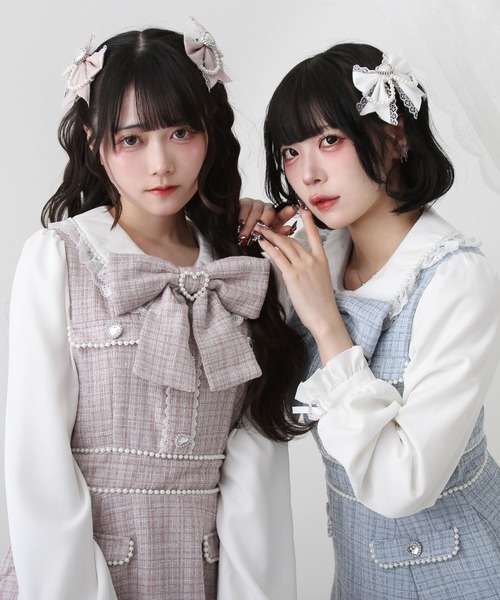 DearMyLove（ディアマイラブ）の「ハートパールお嬢様ツイードワンピース（ワンピース・レディース・ホワイト/ベビーピンク/ブルーグレー/ブラック・SMALL/MEDIUM/LARGE/LL/3L）」の5枚目の写真