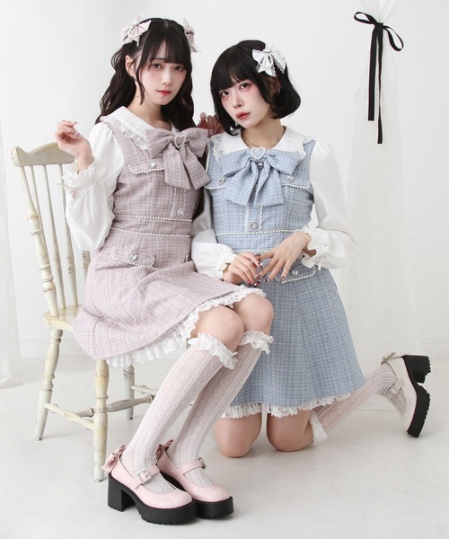 DearMyLove（ディアマイラブ）の「ハートパールお嬢様ツイードワンピース（ワンピース・レディース・ホワイト/ベビーピンク/ブルーグレー/ブラック・SMALL/MEDIUM/LARGE/LL/3L）」の7枚目の写真