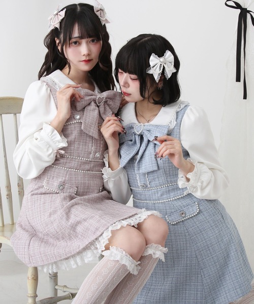 DearMyLove（ディアマイラブ）の「ハートパールお嬢様ツイードワンピース（ワンピース・レディース・ホワイト/ベビーピンク/ブルーグレー/ブラック・SMALL/MEDIUM/LARGE/LL/3L）」の6枚目の写真