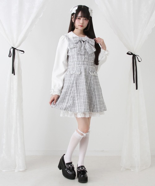 DearMyLove（ディアマイラブ）の「ハートパールお嬢様ツイードワンピース（ワンピース・レディース・ホワイト/ベビーピンク/ブルーグレー/ブラック・SMALL/MEDIUM/LARGE/LL/3L）」の12枚目の写真