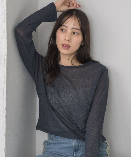 RETRO GIRL（レトロガール）の「【新色追加】コード刺繍インナー（Tシャツ/カットソー・レディース・ダークブルー/ブラック/ナチュラル/ピンク・FREE）」の9枚目の写真