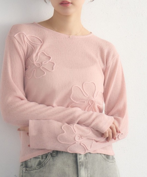 RETRO GIRL（レトロガール）の「【新色追加】コード刺繍インナー（Tシャツ/カットソー・レディース・ダークブルー/ブラック/ナチュラル/ピンク・FREE）」の4枚目の写真