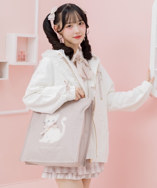 ROJITA(ロジータ)の「Ribbon Cat トートバッグ(トートバッグ・レディース・ホワイト/ピンク/ブラック・FREE)」の10枚目の写真