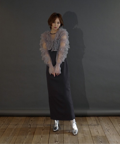 My shawty（ﾏｲｼｬｳﾃｨｰ）の「2way tule bolero dress（ドレス・レディース・チャコールグレー/パープル/ベージュ×ブラック・SMALL/MEDIUM）」の17枚目の写真