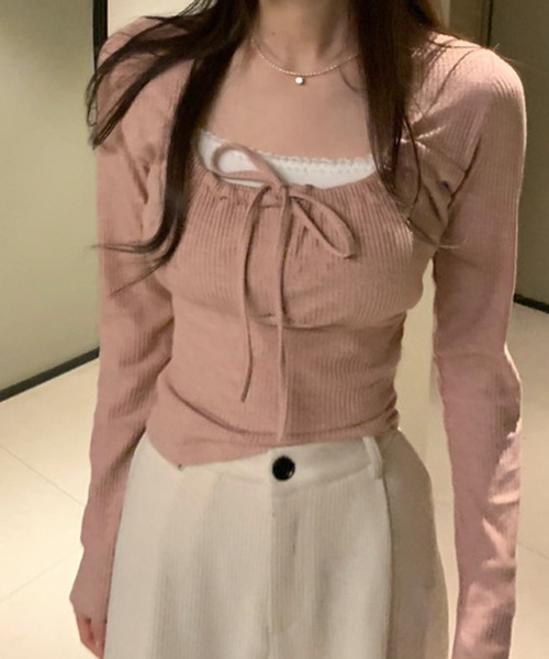 CERCA(チェルカ)の「Nia(ニア)/ギャザーリボン ガーリーリブカットソー(Tシャツ/カットソー・レディース・ホワイト/ピンク/アイボリー/グレー・LARGE/SMALL/MEDIUM)」の4枚目の写真