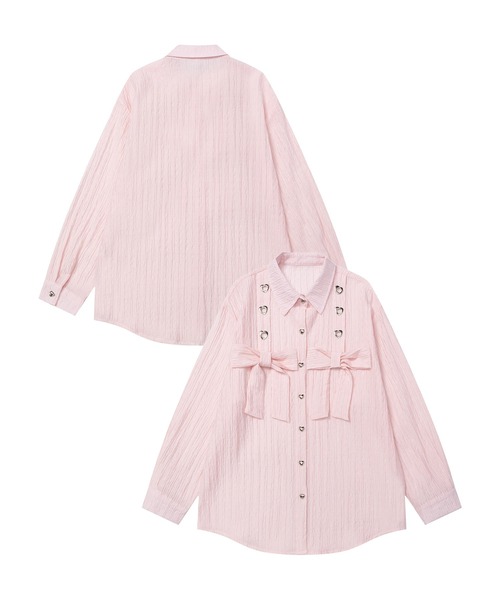 【HOOK】for girls リボンアイレットストライプロングシャツ セール】【HOOK】for girls リボンアイレットストライプロング