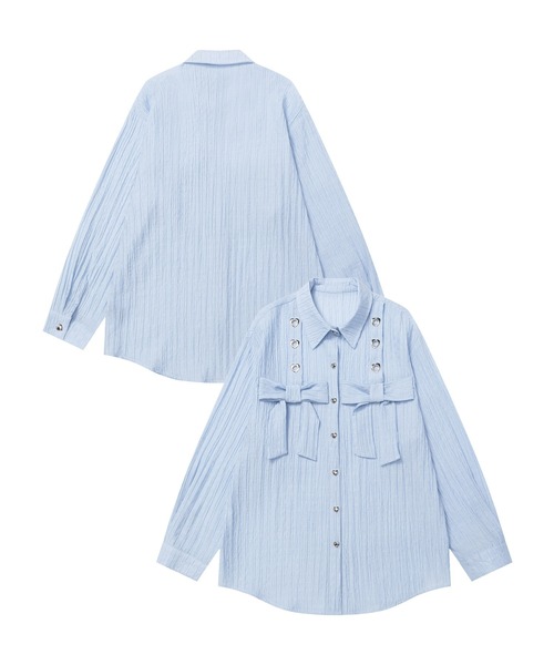 HOOK(フック)の「【HOOK】for girls リボンアイレットストライプロングシャツ(シャツ/ブラウス・レディース・ピンク/ブルー・MEDIUM/SMALL)」の2枚目の写真