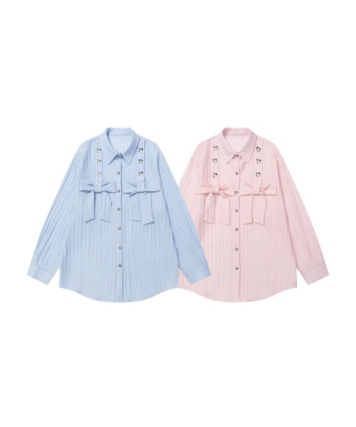 HOOK(フック)の「【HOOK】for girls リボンアイレットストライプロングシャツ(シャツ/ブラウス・レディース・ピンク/ブルー・MEDIUM/SMALL)」の11枚目の写真
