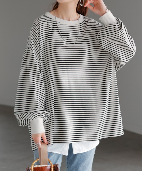 HUG.U(ハグユー)の「<選べるネック> ゆる袖 ボーダーTシャツ(Tシャツ/カットソー・レディース・レッド/ホワイト/ブラック系その他/グレー/グレー系その他/ブラック/レッド系その他/ホワイト系その他/グレー系その他3/ブルー系その他/グレー系その他2/ホワイト系その他3/レッド系その他3/ブラウン/ブラック系その他3/ホワイト系その他2/レッド系その他2/ブルー/ブラウン系その他/ブラック系その他2・FREE)」の2枚目の写真