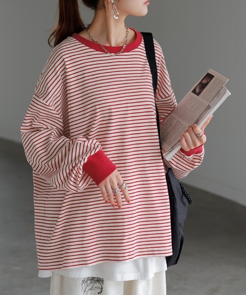 HUG.U(ハグユー)の「<選べるネック> ゆる袖 ボーダーTシャツ(Tシャツ/カットソー・レディース・レッド/ホワイト/ブラック系その他/グレー/グレー系その他/ブラック/レッド系その他/ホワイト系その他/グレー系その他3/ブルー系その他/グレー系その他2/ホワイト系その他3/レッド系その他3/ブラウン/ブラック系その他3/ホワイト系その他2/レッド系その他2/ブルー/ブラウン系その他/ブラック系その他2・FREE)」の21枚目の写真