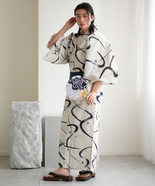 utatane(ウタタネ)の「選べるメンズ浴衣3点セット 古典レトロ(浴衣・メンズ・ホワイト系4/ホワイト系2/ホワイト系1/ネイビー系2/グリーン系1/ブラック系2/ホワイト系3/ネイビー系3/ブルー系1/ネイビー系1/ブラック系1・L/M)」の2枚目の写真