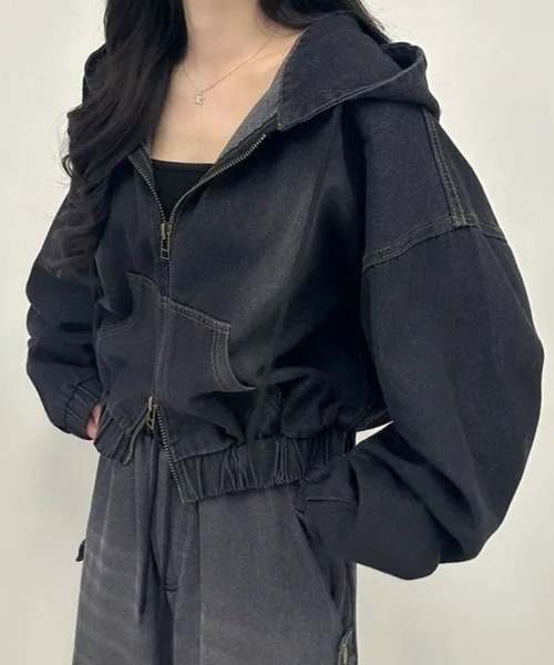 CANVAS+（キャンバスプラス）の「【CANVAS+】クロップド丈ダブルジップデニムパーカーブルゾン（デニムジャケット・レディース・ブルー/ブラック・M）」の22枚目の写真