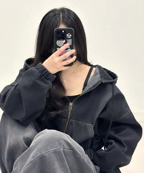 CANVAS+（キャンバスプラス）の「【CANVAS+】クロップド丈ダブルジップデニムパーカーブルゾン（デニムジャケット・レディース・ブルー/ブラック・M）」の5枚目の写真