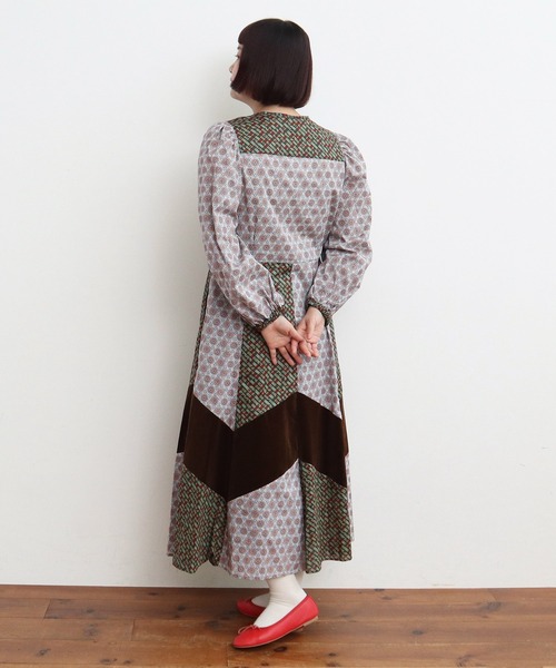 リバティ/LIBERTY パッチワーク＆別珍 パフスリーブワンピース