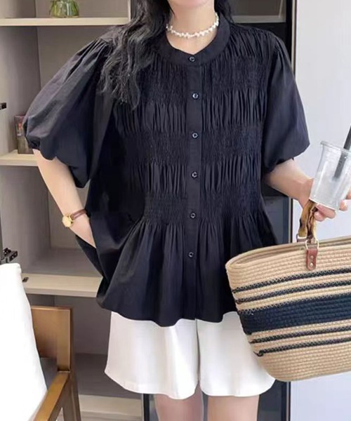 aimoha(アイモハ)の「コットンギャザー半袖ブラウス シャーリングデザイン (SS)(シャツ/ブラウス・レディース・ブラック/ライトベージュ/ホワイト/ピンク・FREE)」の3枚目の写真