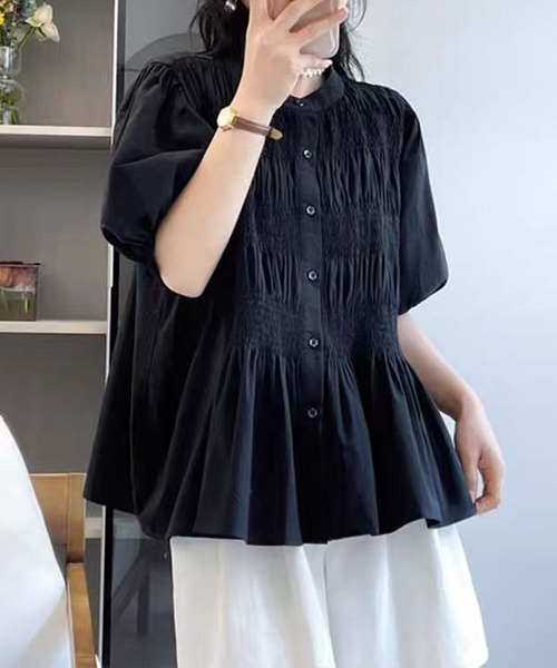 aimoha(アイモハ)の「コットンギャザー半袖ブラウス シャーリングデザイン (SS)(シャツ/ブラウス・レディース・ブラック/ライトベージュ/ホワイト/ピンク・FREE)」の22枚目の写真