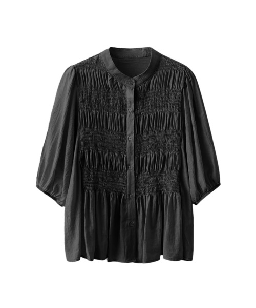 aimoha(アイモハ)の「コットンギャザー半袖ブラウス シャーリングデザイン (SS)(シャツ/ブラウス・レディース・ブラック/ライトベージュ/ホワイト/ピンク・FREE)」の6枚目の写真