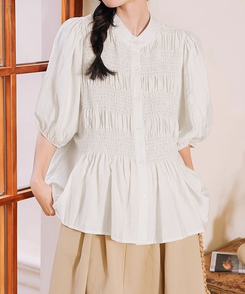 aimoha(アイモハ)の「コットンギャザー半袖ブラウス シャーリングデザイン (SS)(シャツ/ブラウス・レディース・ブラック/ライトベージュ/ホワイト/ピンク・FREE)」の18枚目の写真