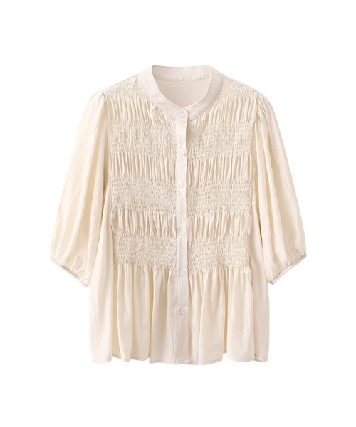 aimoha(アイモハ)の「コットンギャザー半袖ブラウス シャーリングデザイン (SS)(シャツ/ブラウス・レディース・ブラック/ライトベージュ/ホワイト/ピンク・FREE)」の7枚目の写真