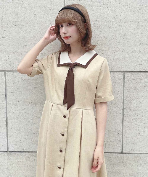 スカーフタイ付きバイカラーワンピース　【1枚で快適】夏服　Fi.n.t セール】スカーフタイ付きバイカラーワンピース 【1枚で快適】夏服