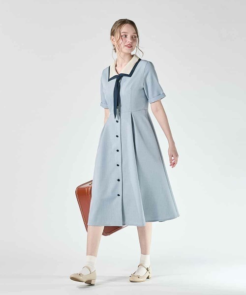 スカーフタイ付きバイカラーワンピース　【1枚で快適】夏服　Fi.n.t セール】スカーフタイ付きバイカラーワンピース 【1枚で快適