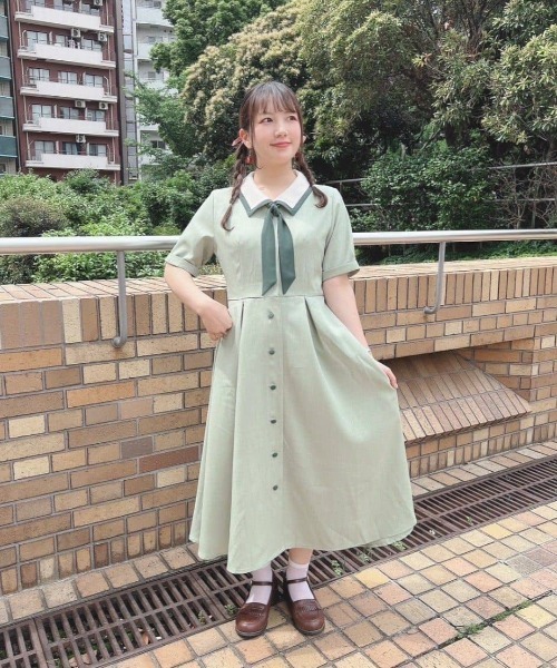 スカーフタイ付きバイカラーワンピース　【1枚で快適】夏服　Fi.n.t セール】スカーフタイ付きバイカラーワンピース 【1枚で快適
