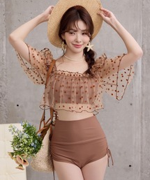 TeddyShop | レディース水着 ふんわりシアーチュール×小粒ドット柄オープンショルダーハイウエストビキニ 上下2点セット(水着)