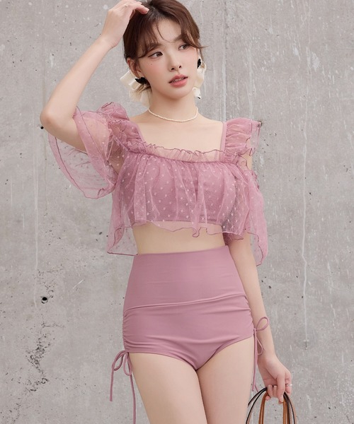 TeddyShop（テディショップ）の「レディース水着 ふんわりシアーチュール×小粒ドット柄オープンショルダーハイウエストビキニ 上下2点セット（水着・レディース・ブラック/ピンク/ブラウン・L/M/S）」の3枚目の写真