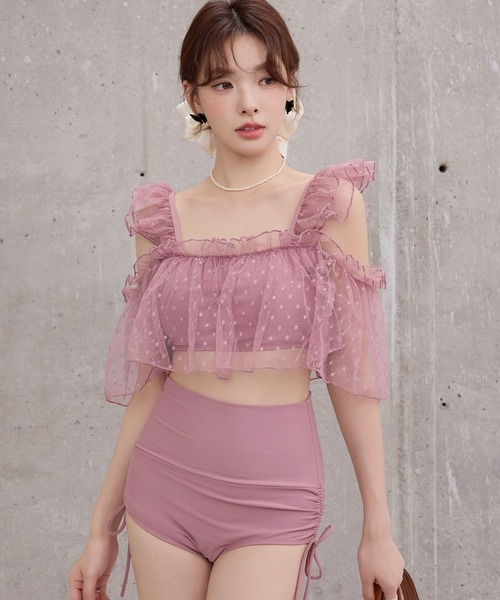 TeddyShop（テディショップ）の「レディース水着 ふんわりシアーチュール×小粒ドット柄オープンショルダーハイウエストビキニ 上下2点セット（水着・レディース・ブラック/ピンク/ブラウン・L/M/S）」の17枚目の写真