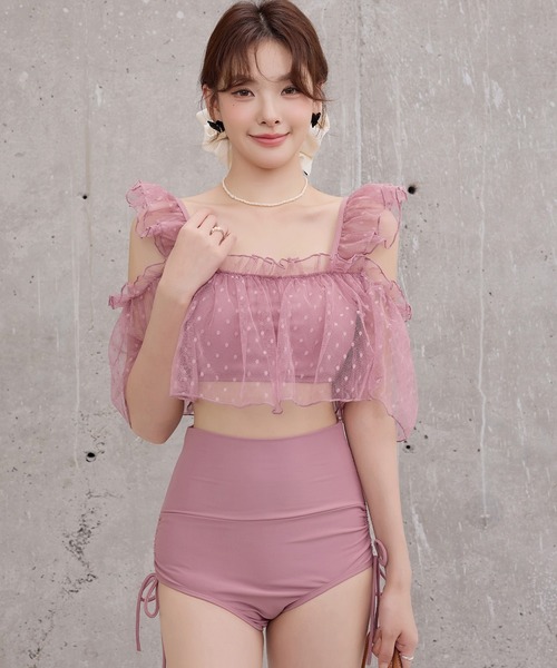 TeddyShop（テディショップ）の「レディース水着 ふんわりシアーチュール×小粒ドット柄オープンショルダーハイウエストビキニ 上下2点セット（水着・レディース・ブラック/ピンク/ブラウン・L/M/S）」の18枚目の写真