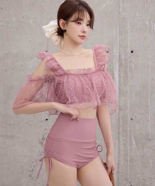 TeddyShop（テディショップ）の「レディース水着 ふんわりシアーチュール×小粒ドット柄オープンショルダーハイウエストビキニ 上下2点セット（水着・レディース・ブラック/ピンク/ブラウン・L/M/S）」の19枚目の写真