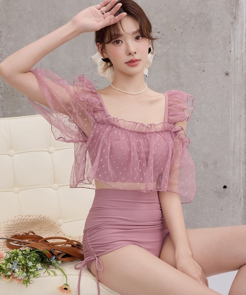 TeddyShop（テディショップ）の「レディース水着 ふんわりシアーチュール×小粒ドット柄オープンショルダーハイウエストビキニ 上下2点セット（水着・レディース・ブラック/ピンク/ブラウン・L/M/S）」の20枚目の写真