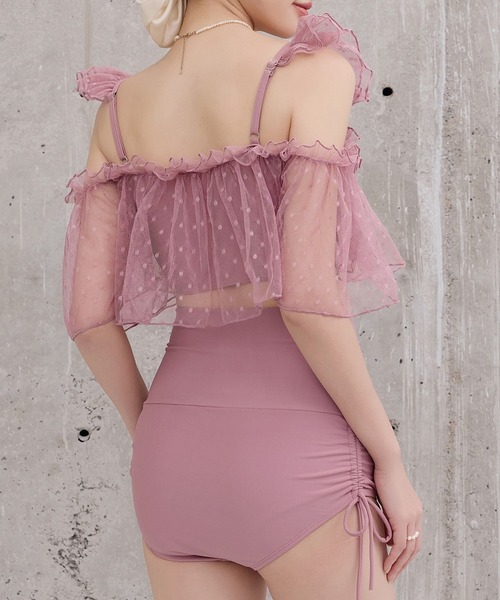 セール】レディース水着 ふんわりシアーチュール×小粒ドット柄オープン