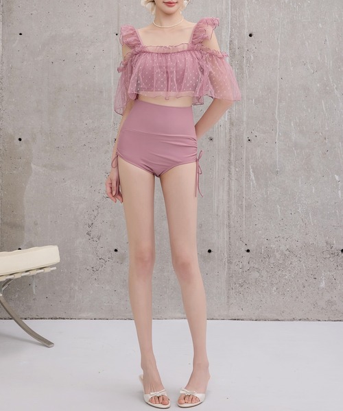 TeddyShop（テディショップ）の「レディース水着 ふんわりシアーチュール×小粒ドット柄オープンショルダーハイウエストビキニ 上下2点セット（水着・レディース・ブラック/ピンク/ブラウン・L/M/S）」の22枚目の写真