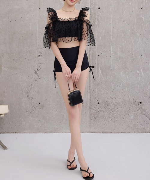 TeddyShop（テディショップ）の「レディース水着 ふんわりシアーチュール×小粒ドット柄オープンショルダーハイウエストビキニ 上下2点セット（水着・レディース・ブラック/ピンク/ブラウン・L/M/S）」の7枚目の写真