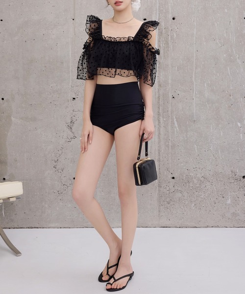 TeddyShop（テディショップ）の「レディース水着 ふんわりシアーチュール×小粒ドット柄オープンショルダーハイウエストビキニ 上下2点セット（水着・レディース・ブラック/ピンク/ブラウン・L/M/S）」の8枚目の写真