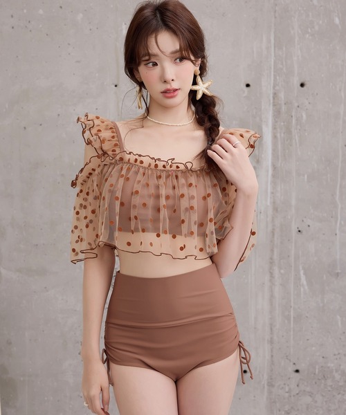 TeddyShop（テディショップ）の「レディース水着 ふんわりシアーチュール×小粒ドット柄オープンショルダーハイウエストビキニ 上下2点セット（水着・レディース・ブラック/ピンク/ブラウン・L/M/S）」の12枚目の写真