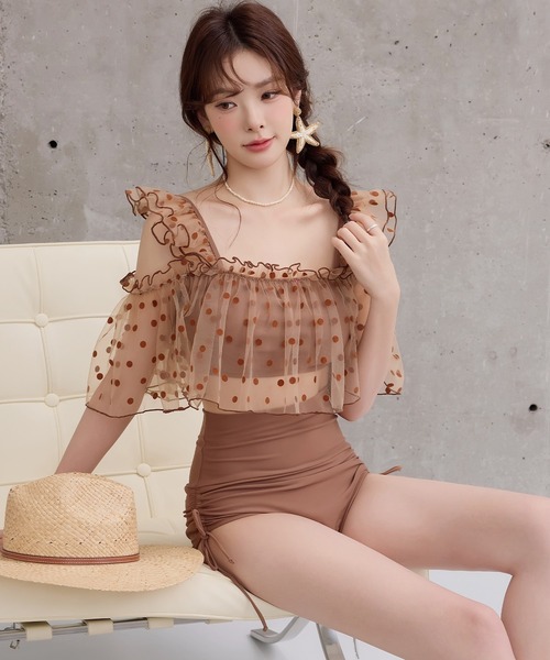 TeddyShop（テディショップ）の「レディース水着 ふんわりシアーチュール×小粒ドット柄オープンショルダーハイウエストビキニ 上下2点セット（水着・レディース・ブラック/ピンク/ブラウン・L/M/S）」の15枚目の写真