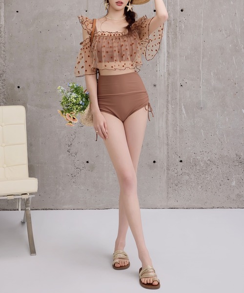 TeddyShop（テディショップ）の「レディース水着 ふんわりシアーチュール×小粒ドット柄オープンショルダーハイウエストビキニ 上下2点セット（水着・レディース・ブラック/ピンク/ブラウン・L/M/S）」の16枚目の写真