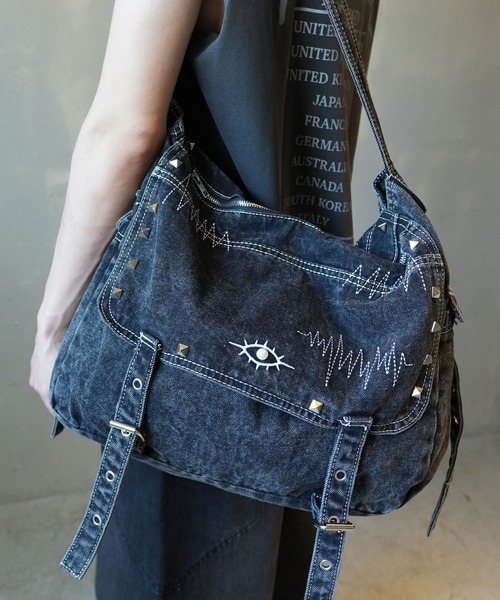 デニムショルダーバッグ/ケミカル加工/刺繍ロゴ/Y2K・グランジ