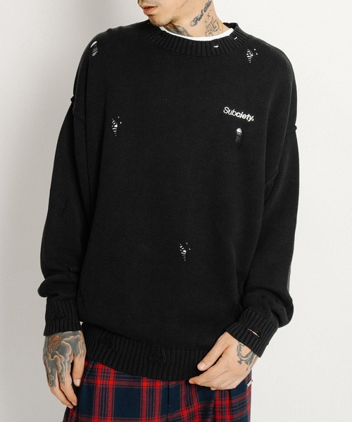 Subciety(サブサエティ)の「Wash damaged knit(ニット/セーター・メンズ・ネイビー/グレー/ブラック・X-LARGE/LARGE/MEDIUM/SMALL)」の2枚目の写真